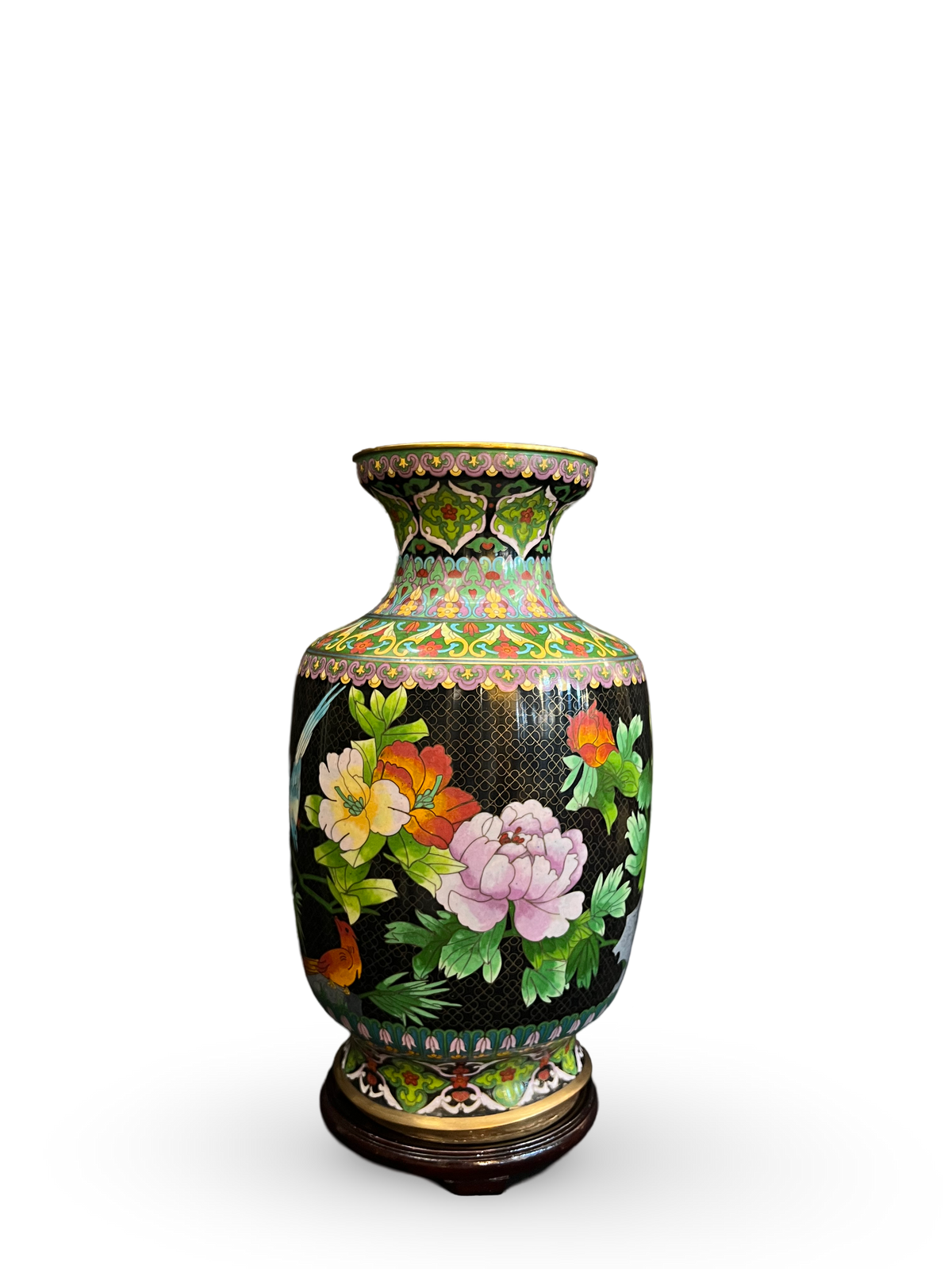 Cloisonné Enamel Baluster Vase with Floral and Bird Motif