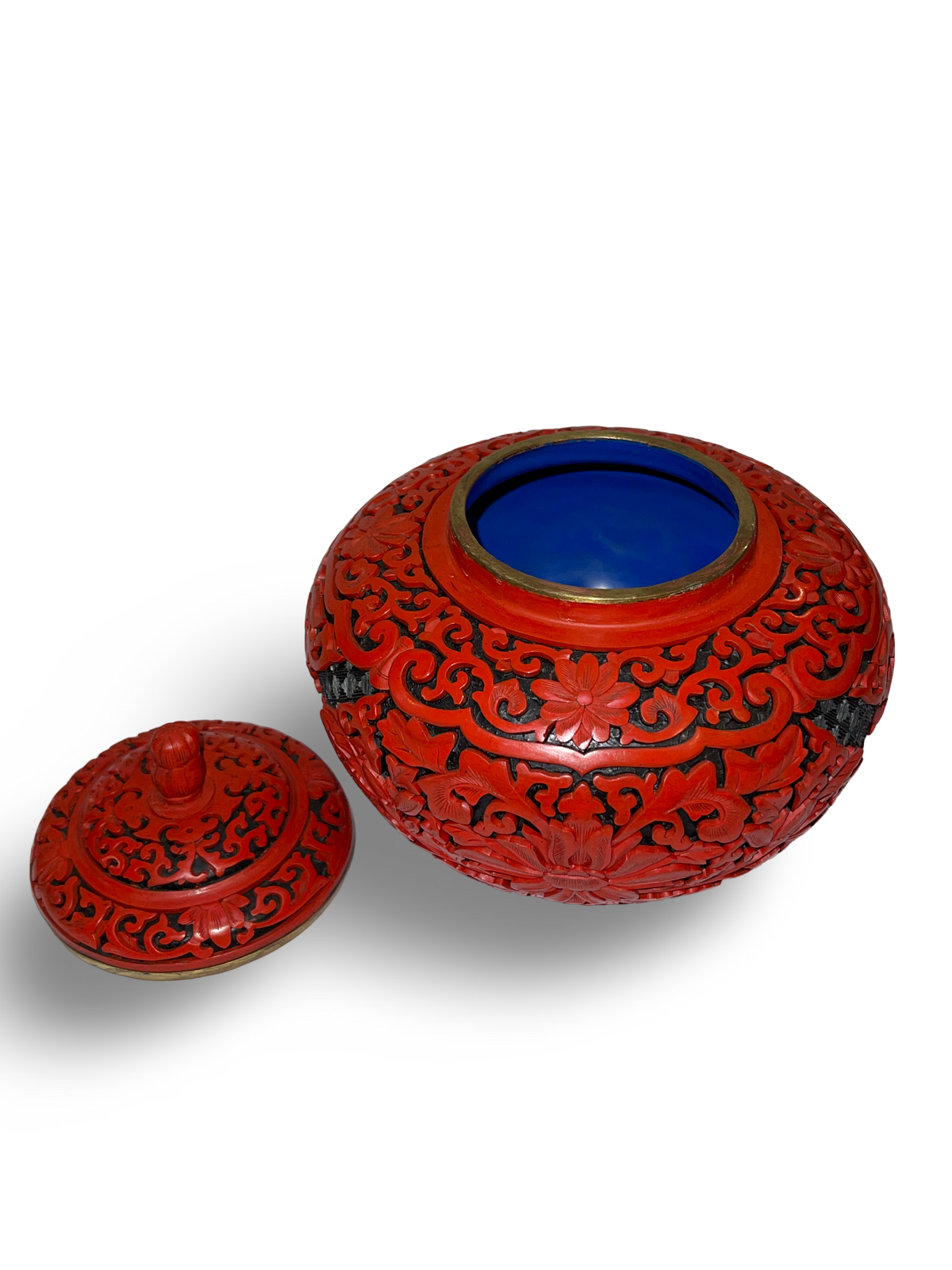 Carved Cinnabar Lacquer Jar with Lid  Copper Core