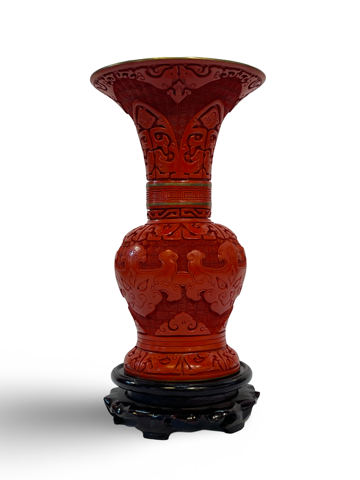 Carved Cinnabar Lacquer Gu-Form Vase with Trumpet Mouth