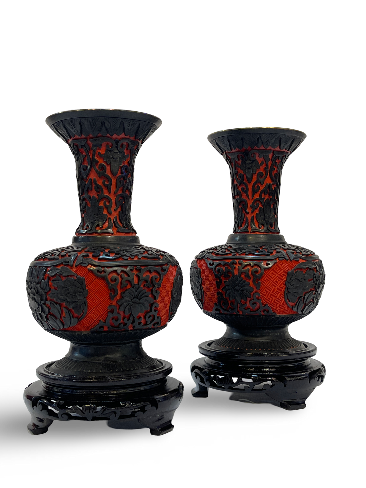 Pair of Carved Cinnabar and Black Lacquer Vases with Trumpet Mouths