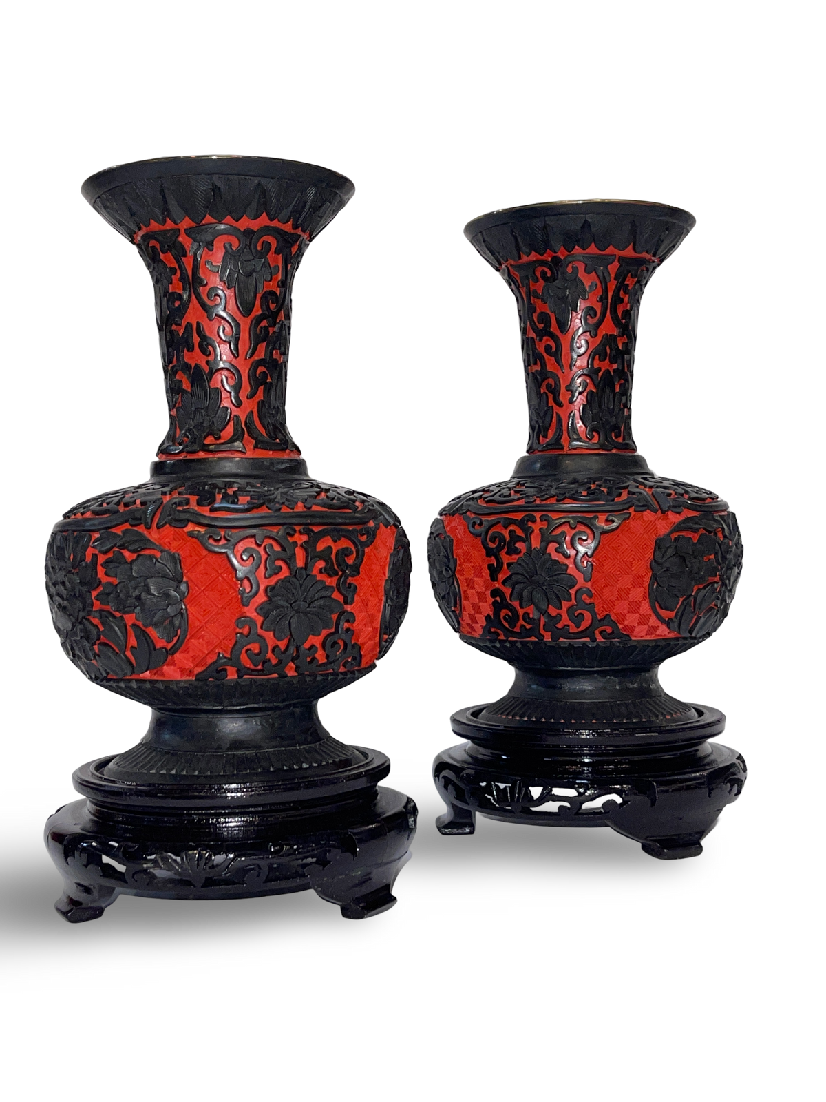 Pair of Carved Cinnabar and Black Lacquer Vases with Trumpet Mouths
