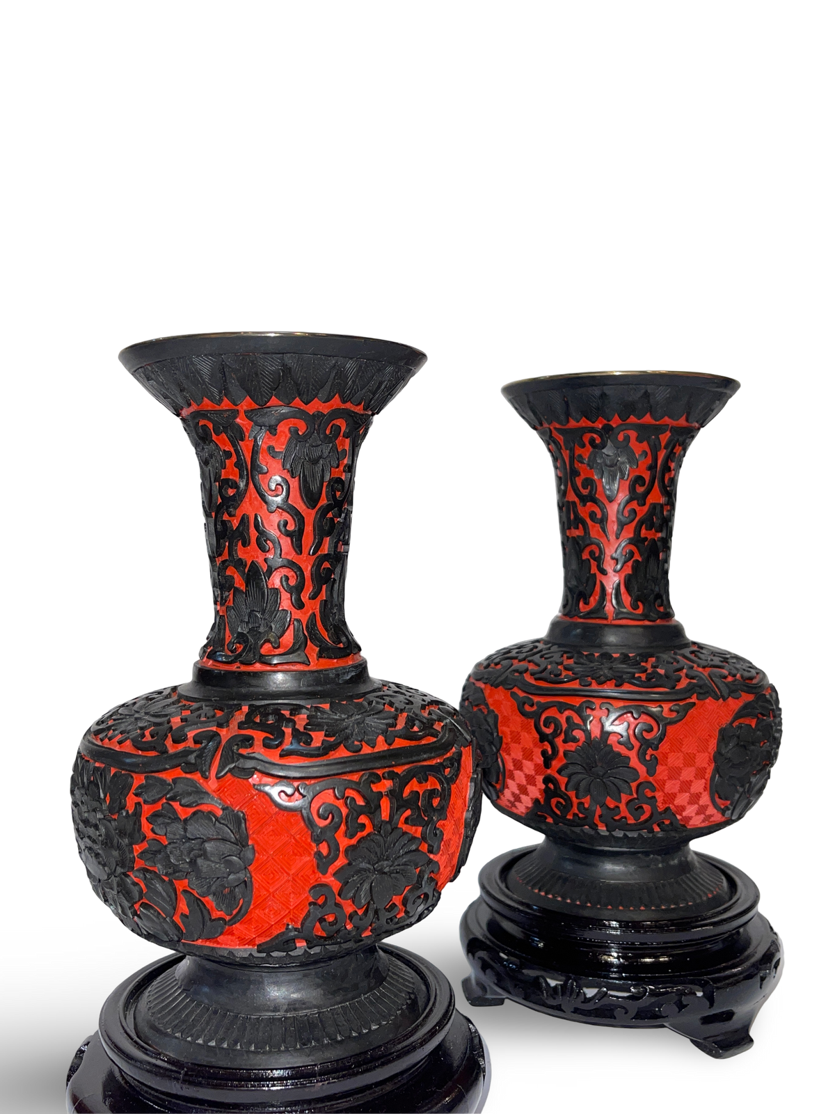 Pair of Carved Cinnabar and Black Lacquer Vases with Trumpet Mouths