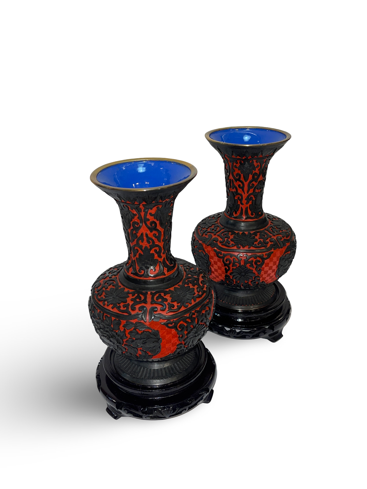 Pair of Carved Cinnabar and Black Lacquer Vases with Trumpet Mouths
