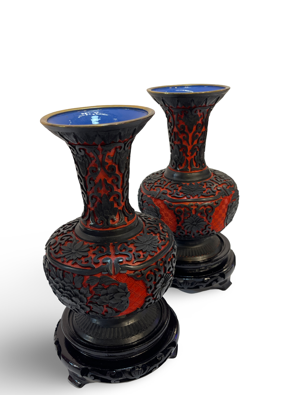 Pair of Carved Cinnabar and Black Lacquer Vases with Trumpet Mouths