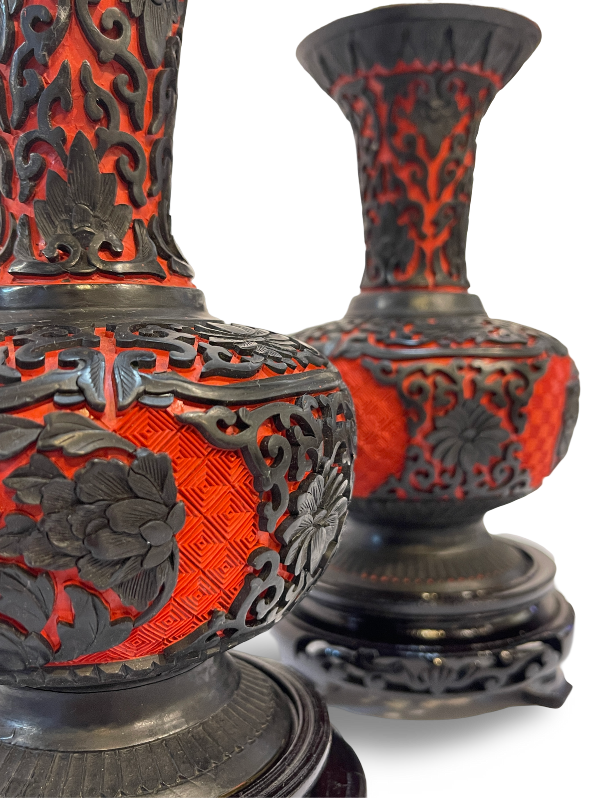 Pair of Carved Cinnabar and Black Lacquer Vases with Trumpet Mouths