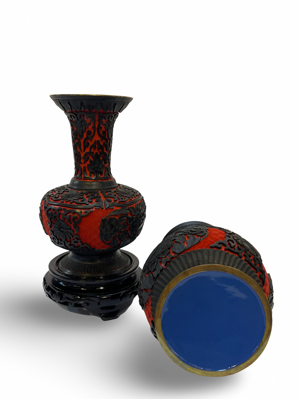 Pair of Carved Cinnabar and Black Lacquer Vases with Trumpet Mouths