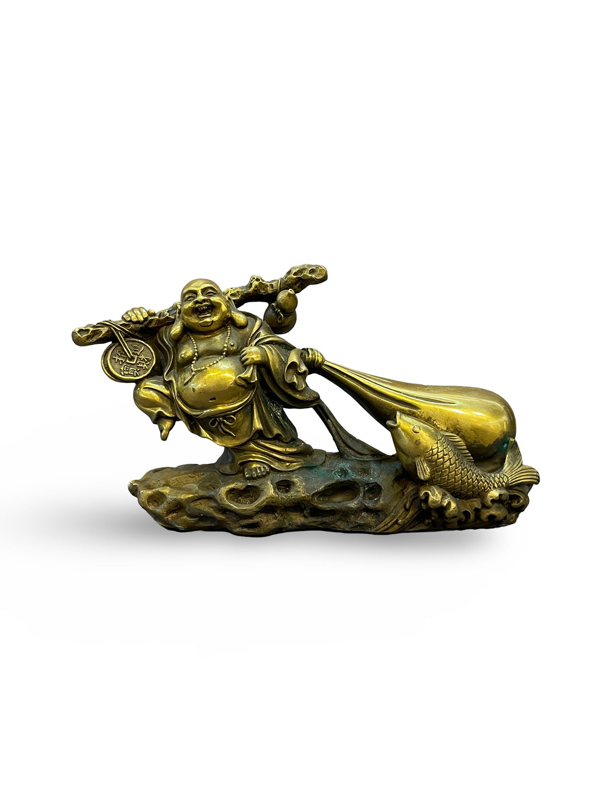 Bronze Sculpture of Laughing Buddha with Fish