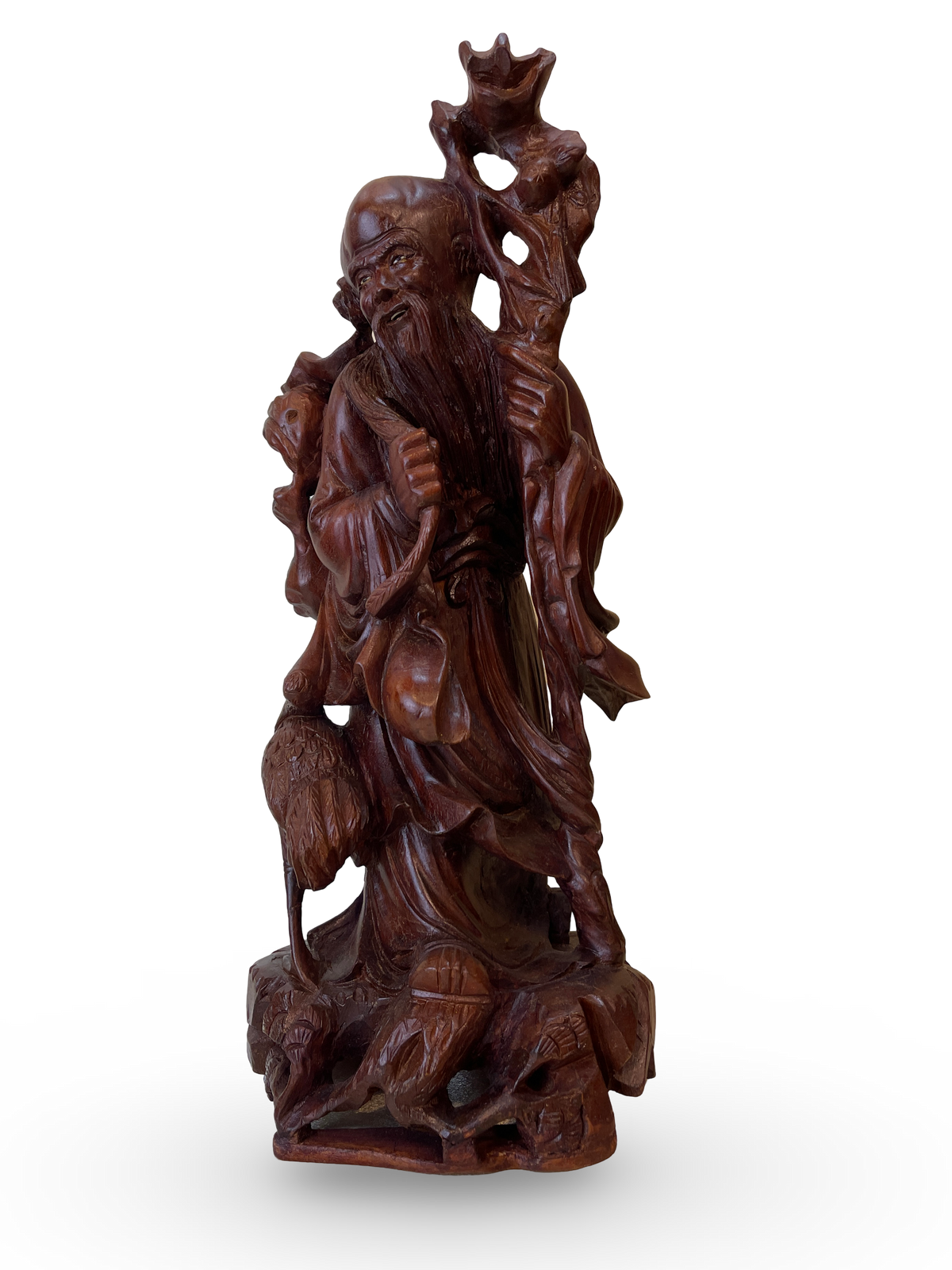 Carved Wooden Sculpture of Shouxing with Crane and Peach
