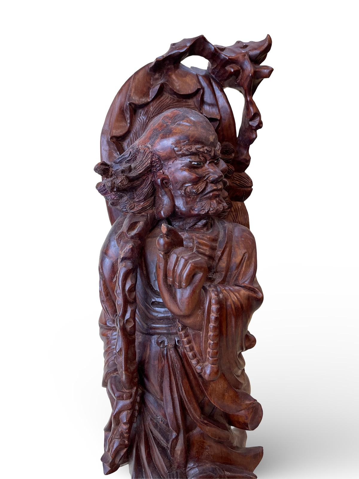 Carved Wooden Figure of a Monk with Cat