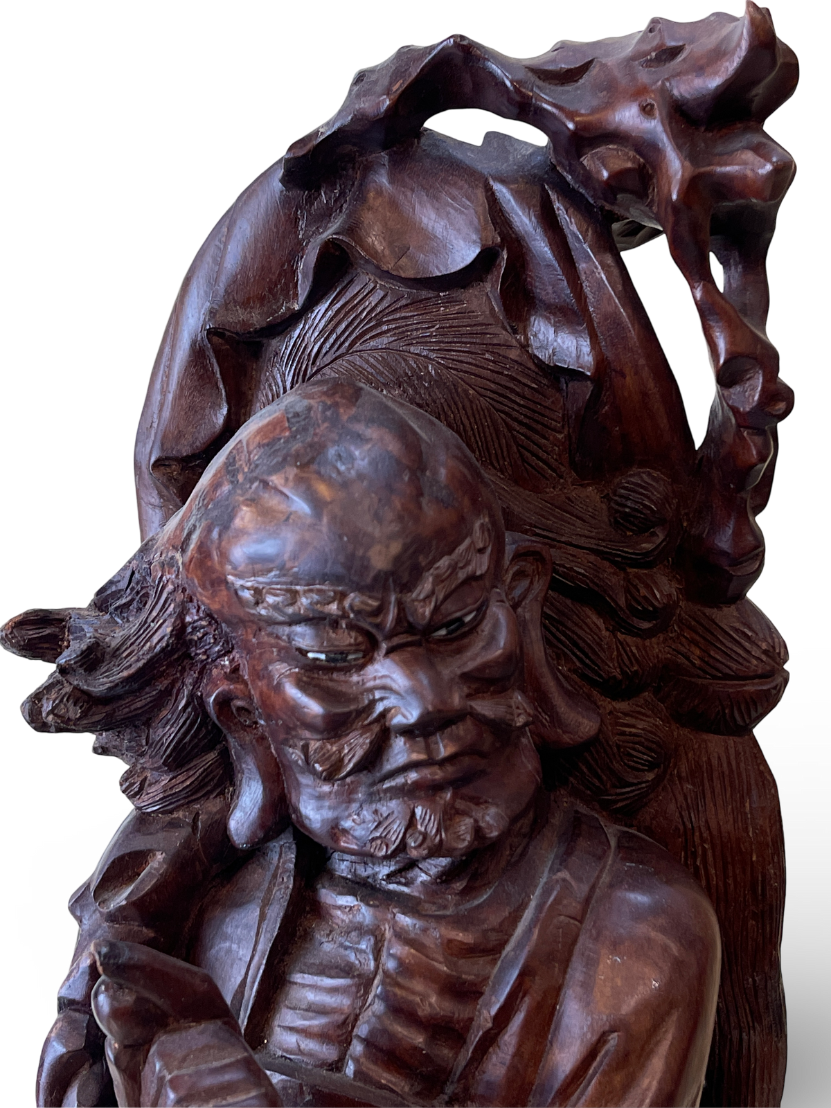 Carved Wooden Figure of a Monk with Cat