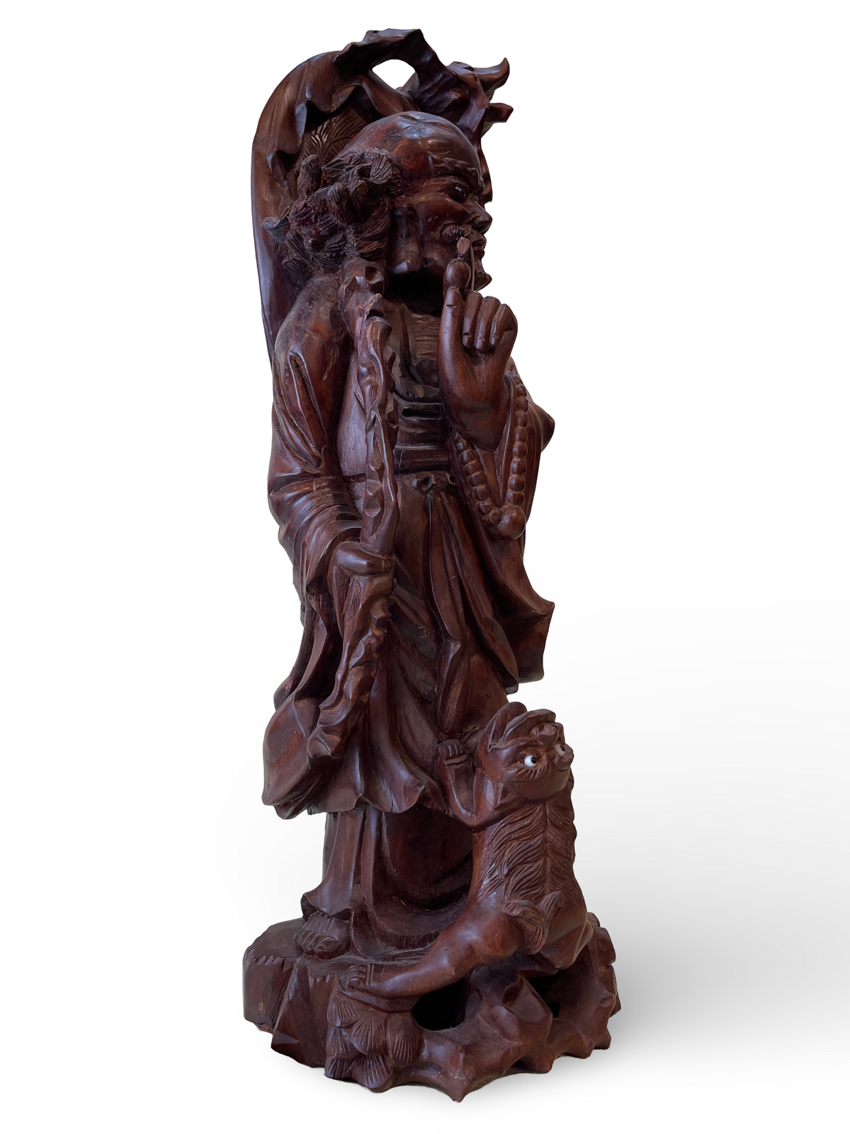Carved Wooden Figure of a Monk with Cat
