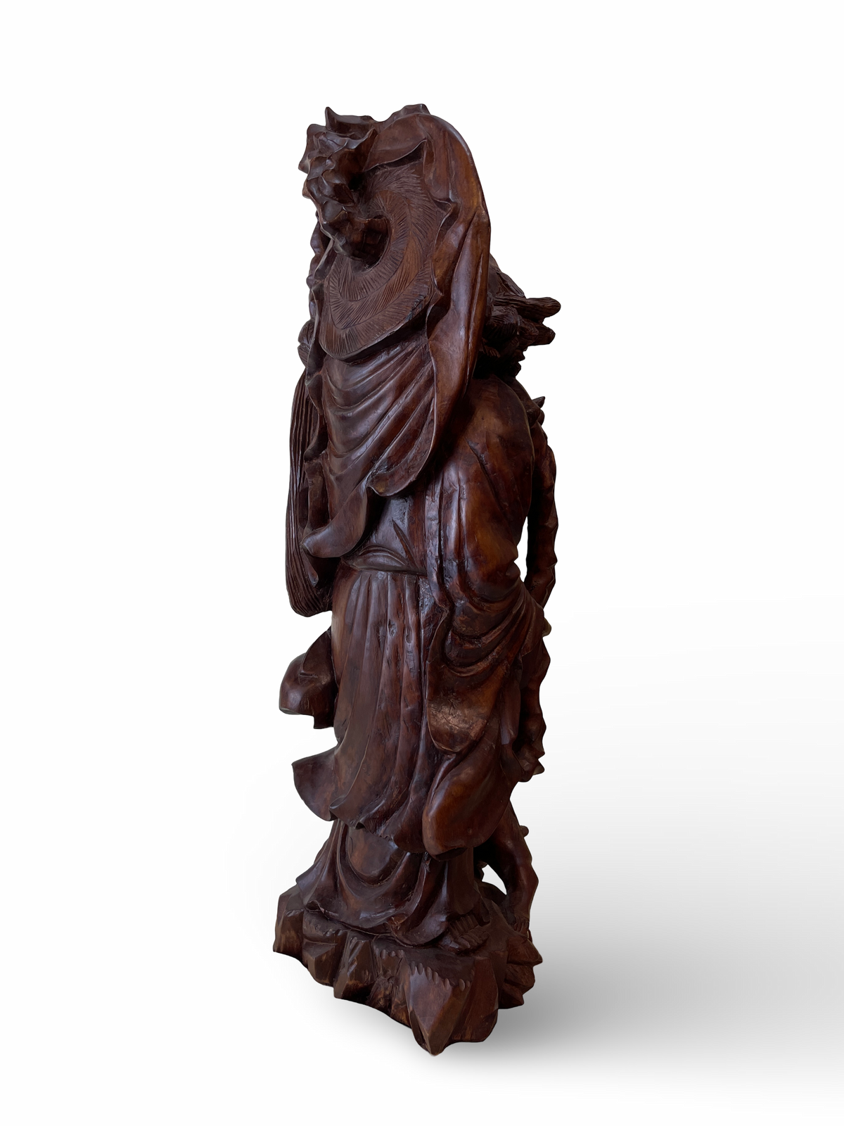 Carved Wooden Figure of a Monk with Cat