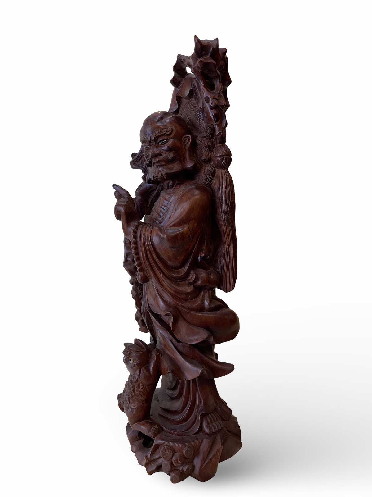 Carved Wooden Figure of a Monk with Cat