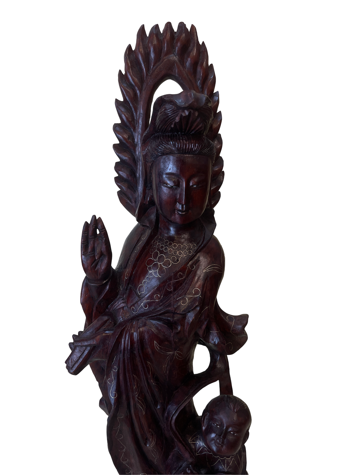 Carved Wooden Figure of a Deity with Child and Dragon