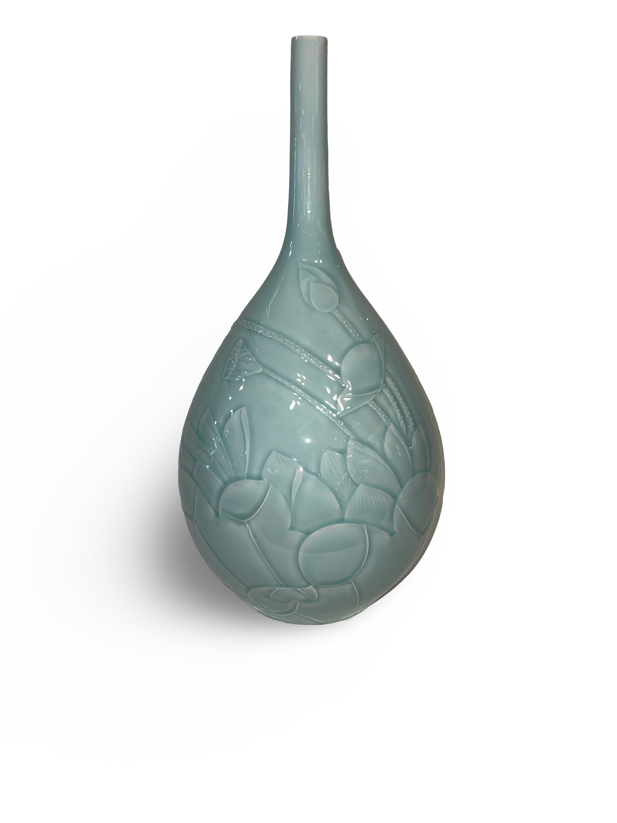 Carved Celadon Tianqiuping Vase with Lotus and Leaf Motif