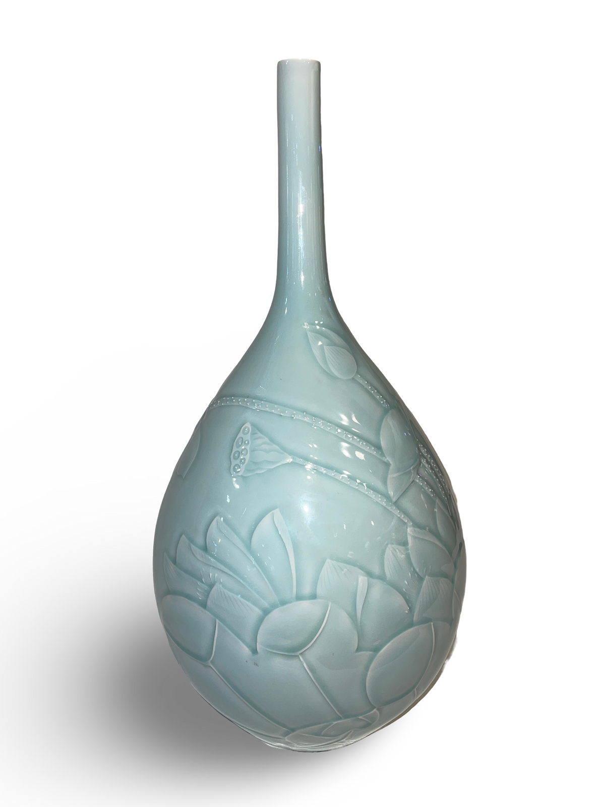Carved Celadon Tianqiuping Vase with Lotus and Leaf Motif