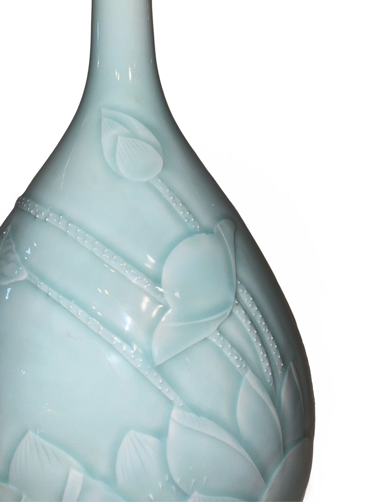 Carved Celadon Tianqiuping Vase with Lotus and Leaf Motif
