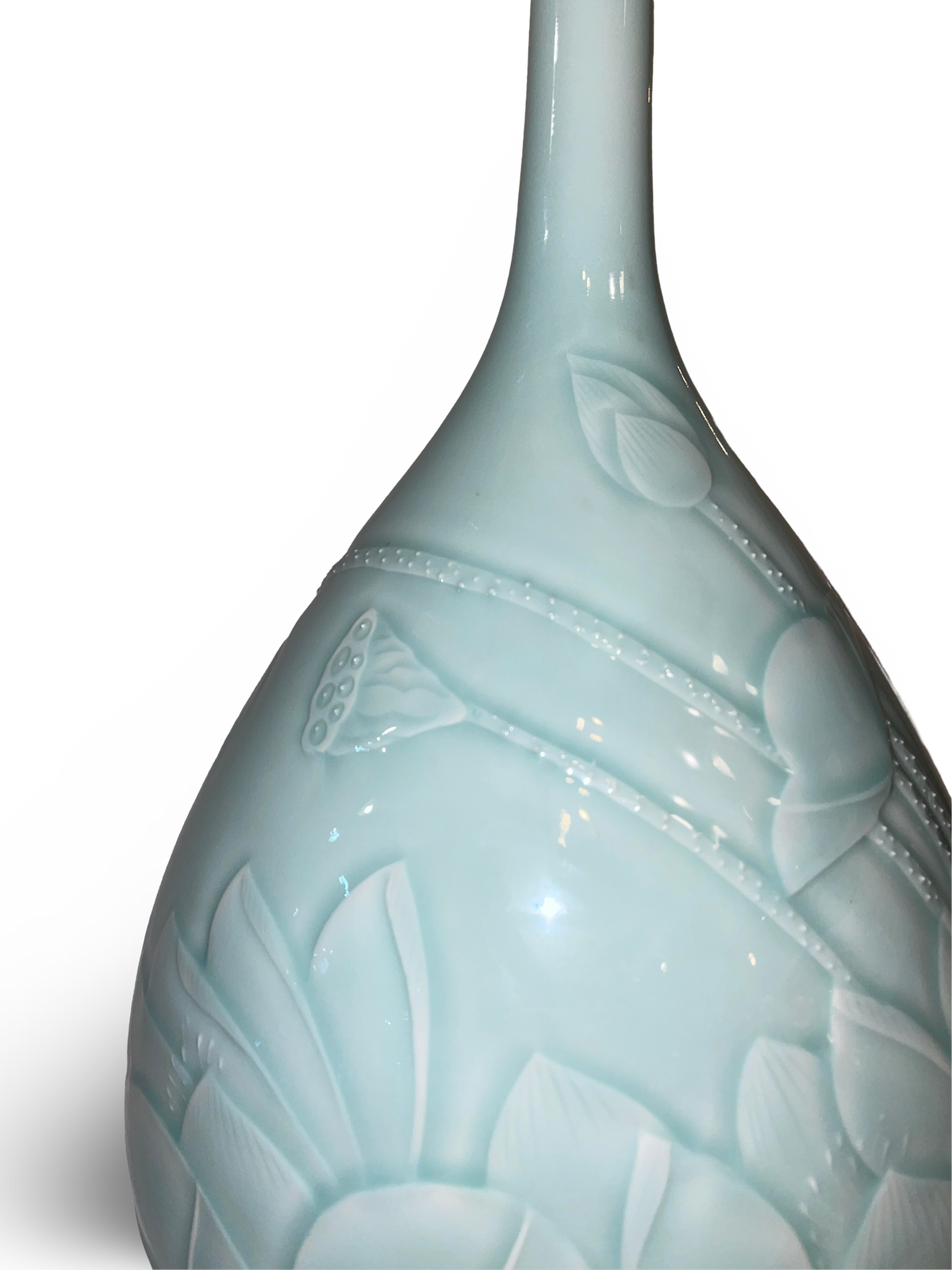 Carved Celadon Tianqiuping Vase with Lotus and Leaf Motif