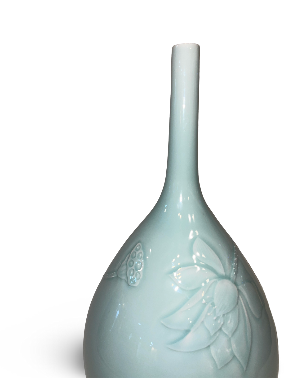 Carved Celadon Tianqiuping Vase with Lotus and Leaf Motif